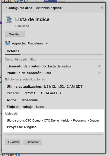 Área de configuración: cuadro de diálogo del contenido especificado resaltando la ubicación como Demostración CTCDemostración CTCInicioProgramaOrador.