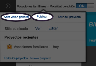 Captura de pantalla del menú Abrir proyecto con la opción Publicar abierta y la opción Abrir visión general resaltada.